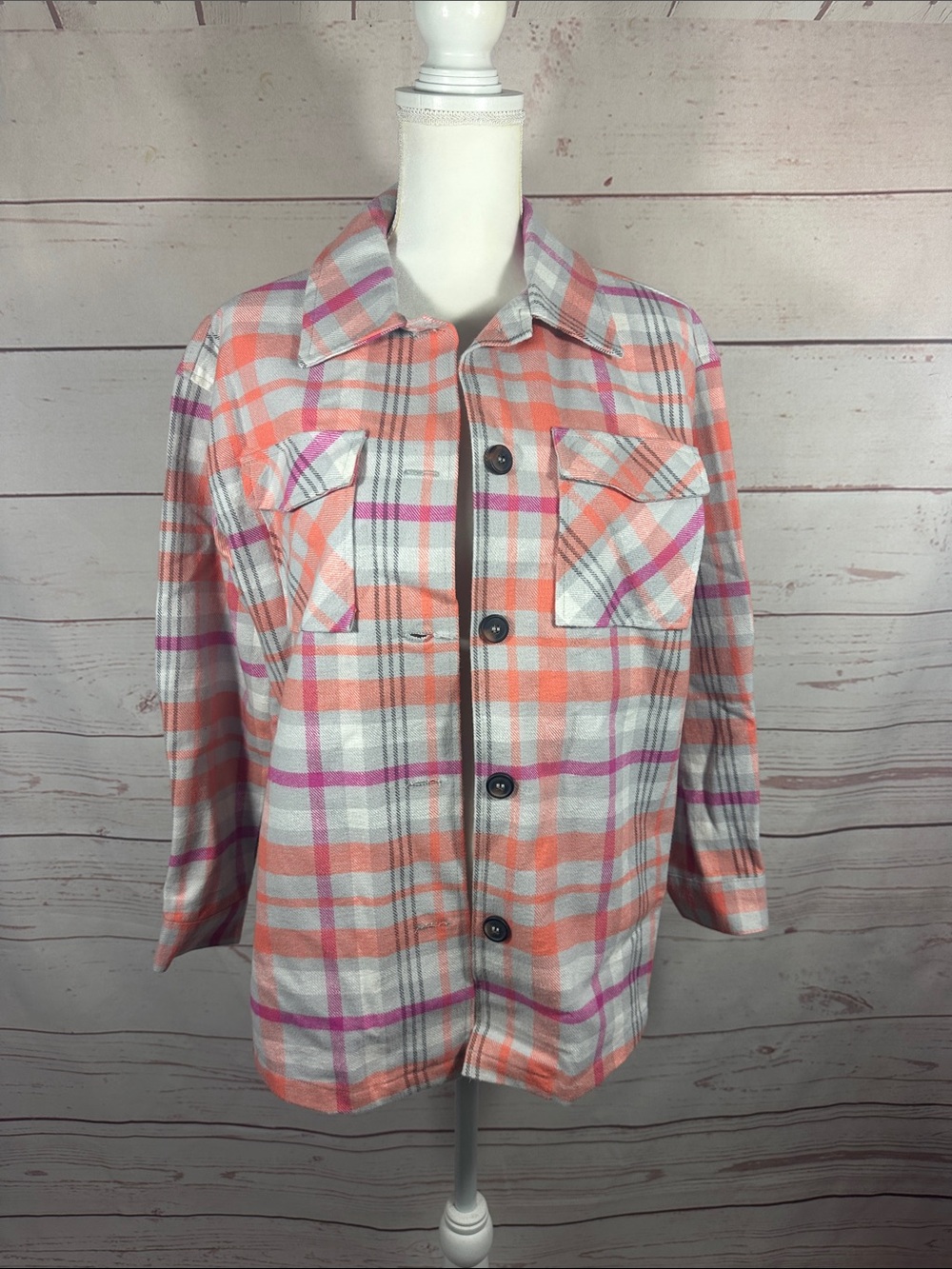 Anna Cai Women’s Plaid Button-Up Jacket in Coral & Pink
